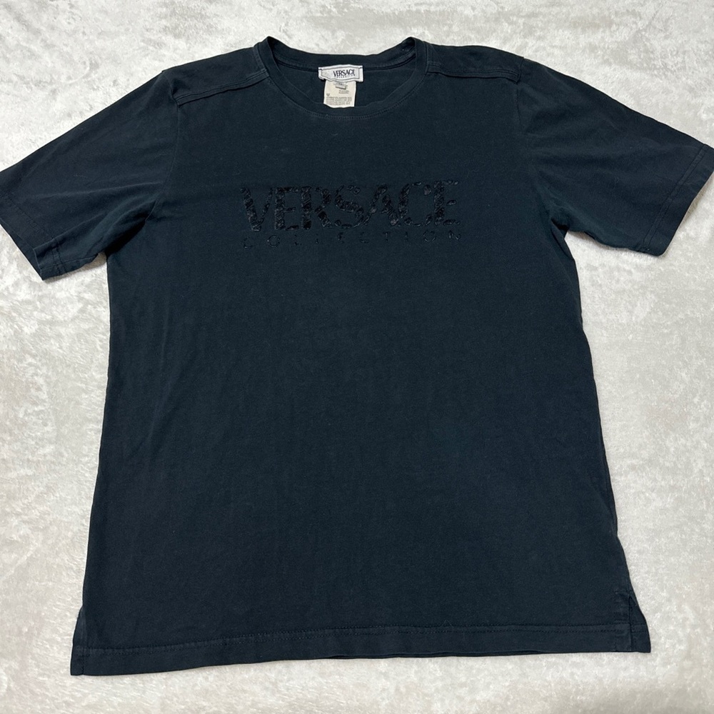 VERSACE Collection Men's Velvet Script Logo T-Shirt Tee Black Size M